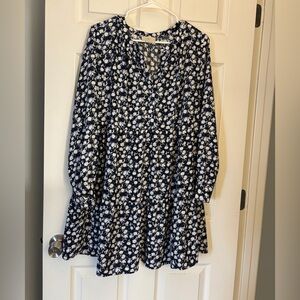 LOFT Navy & Black Floral Long-Sleeve Dress